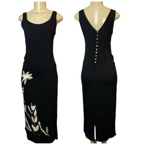 Laura Ashley Vintage Black Ivory Floral Print Maxi Dress Viscose Cottage Grunge